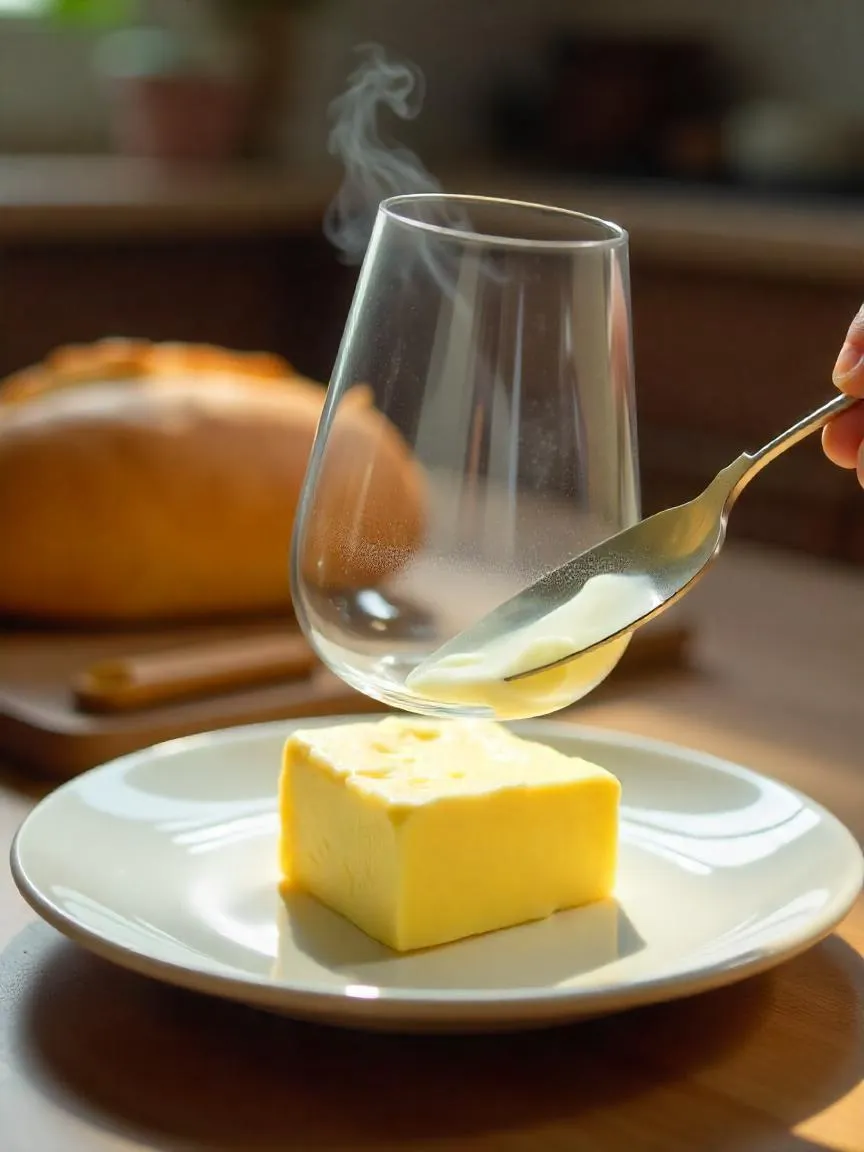 Partially softened butter under a warm glass on a kitchen plate, with a butter knife and bread in the background.