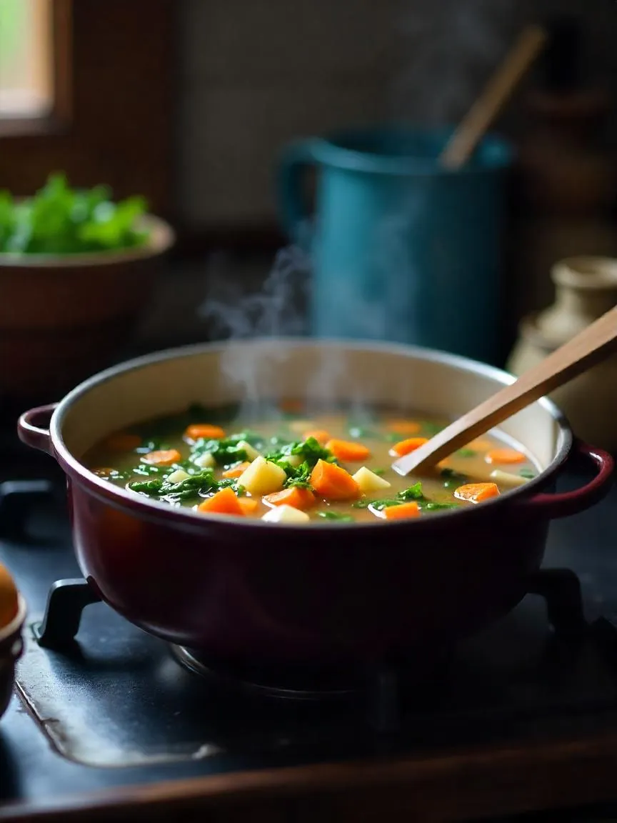 A pot of vegetable soup being gently stirred on a stove, with steam rising and herbs floating on the surface in a cozy kitchen. 
