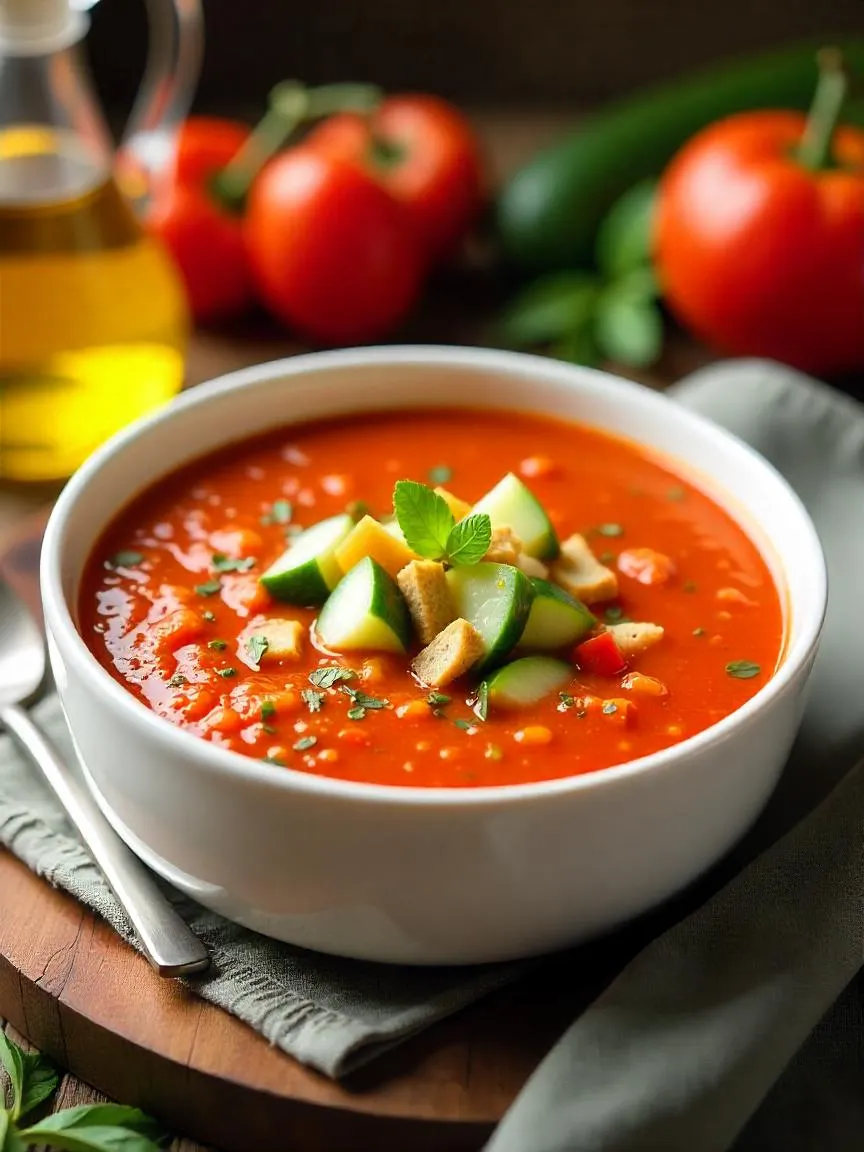 Bowl of traditional Spanish gazpacho with diced cucumber, peppers, and croutons, served on a rustic wooden table with fresh vegetables.

