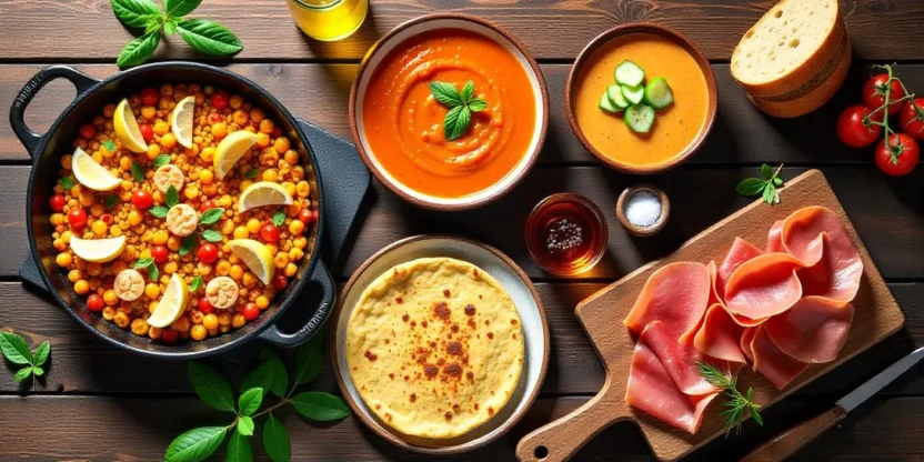 Spanish national dishes including paella, gazpacho, tortilla española, Jamón Ibérico, and Pimientos de Padrón arranged on a rustic wooden table.