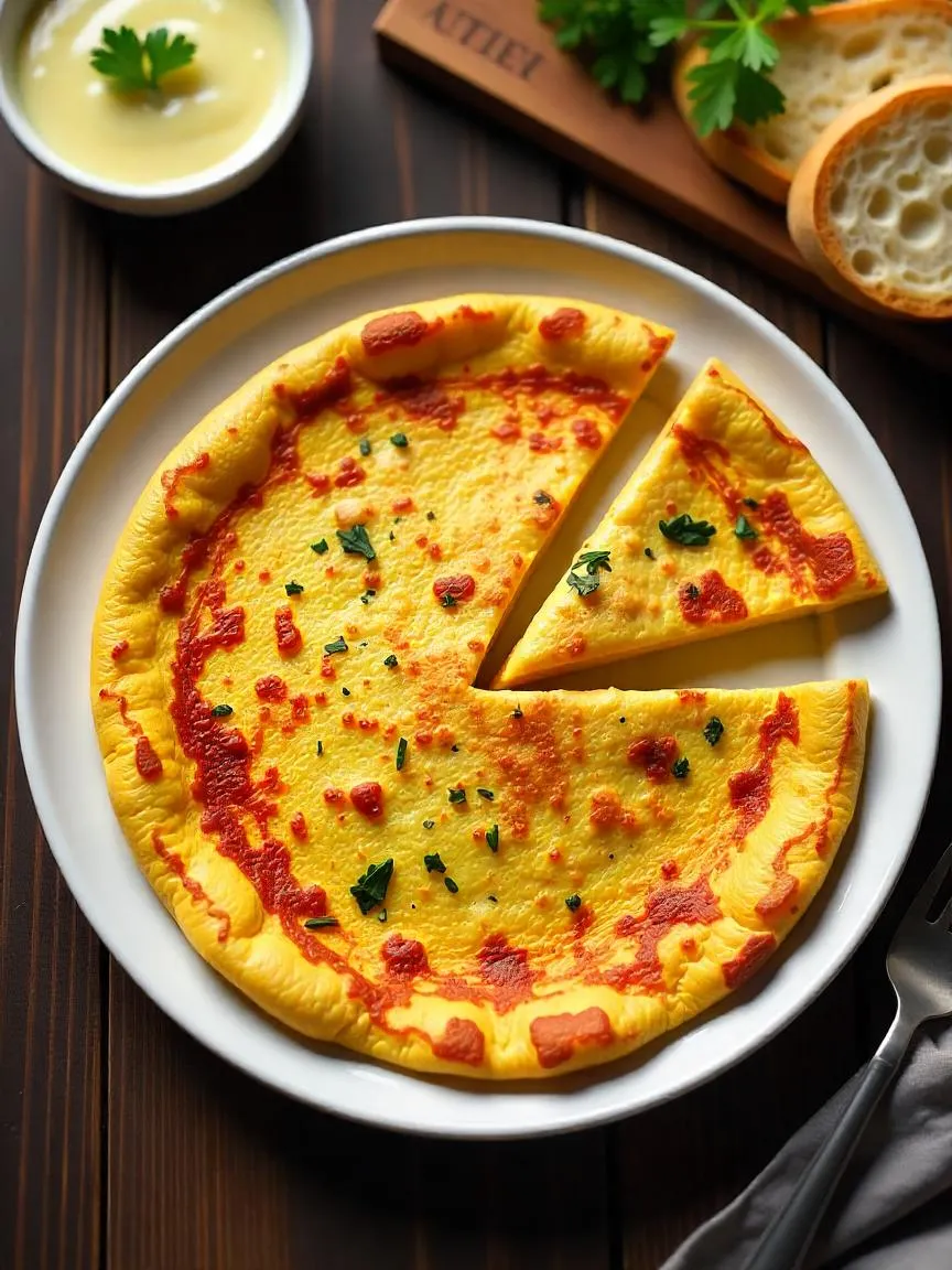 Traditional Spanish Tortilla Española sliced into wedges, served with aioli and bread on a rustic wooden table.


