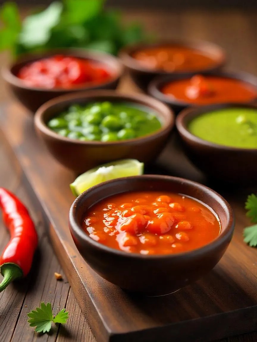 Bowls of red salsa, salsa verde, and habanero hot sauce with chili peppers and lime wedges on a wooden table.

