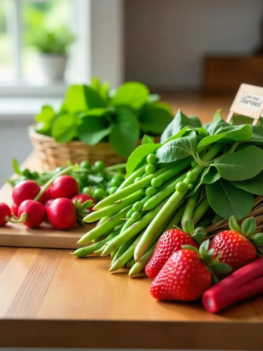 Fresh spring seasonal produce including asparagus, peas, radishes, spinach, and strawberries on a wooden counter.

