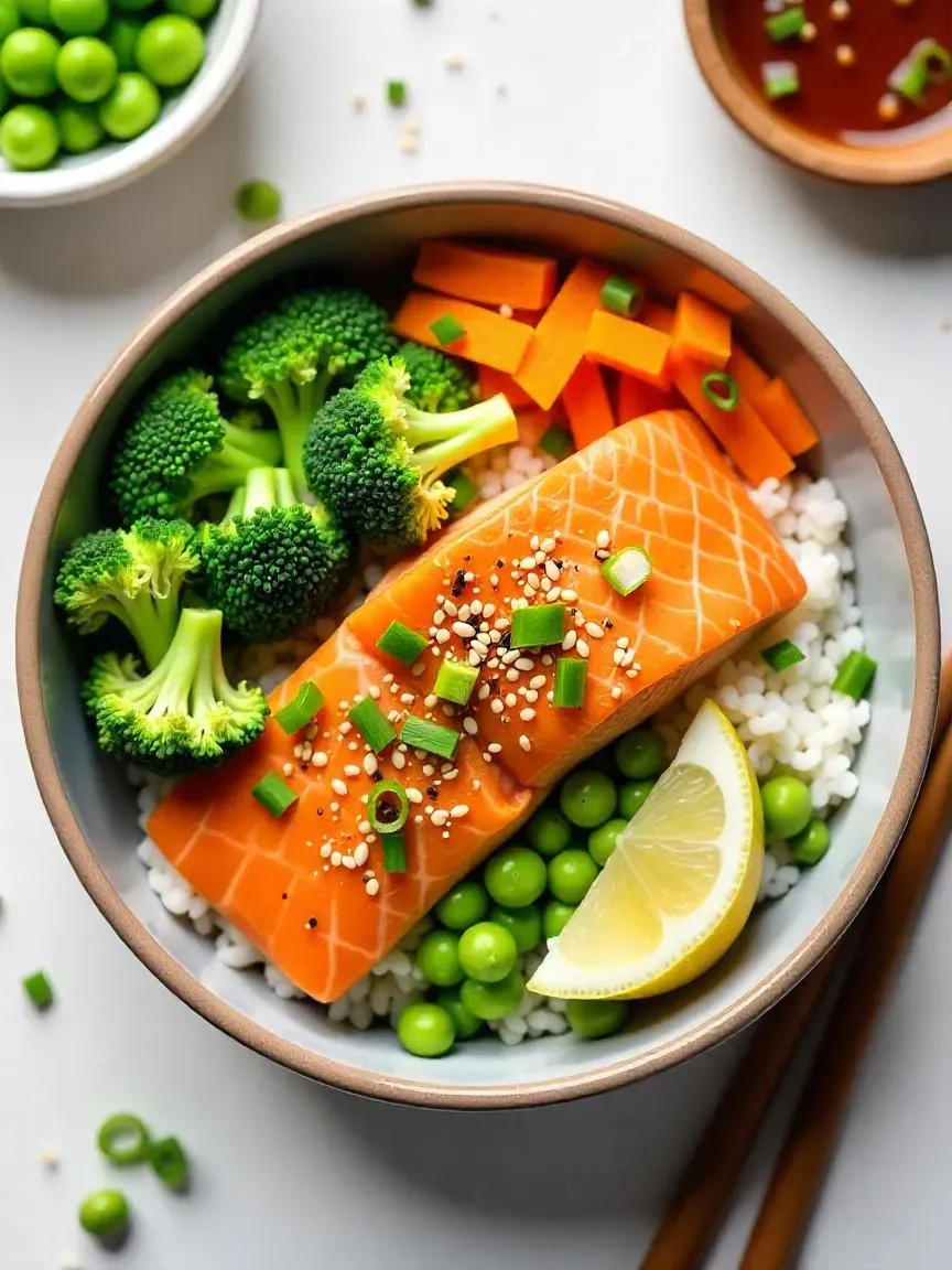 Steamed salmon rice bowl with broccoli, carrots, edamame, scallions, sesame seeds, and sauce drizzle.