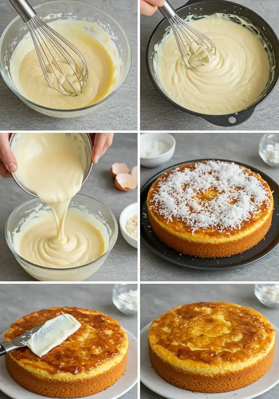 Step-by-step recipe instructions for making Danish coconut dream cake displayed on a kitchen table.