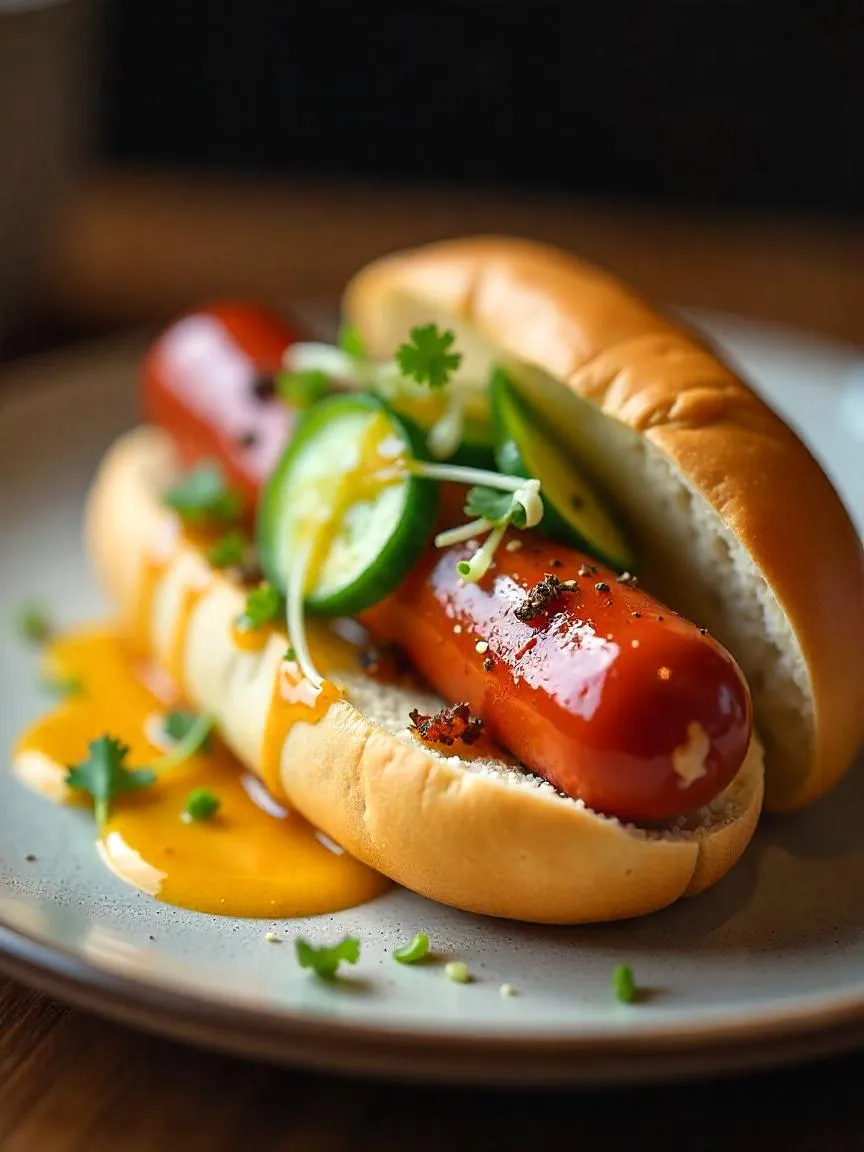 Close-up of a traditional Danish rød pølse served in a soft bun with classic toppings like mustard, ketchup, and pickled cucumbers.