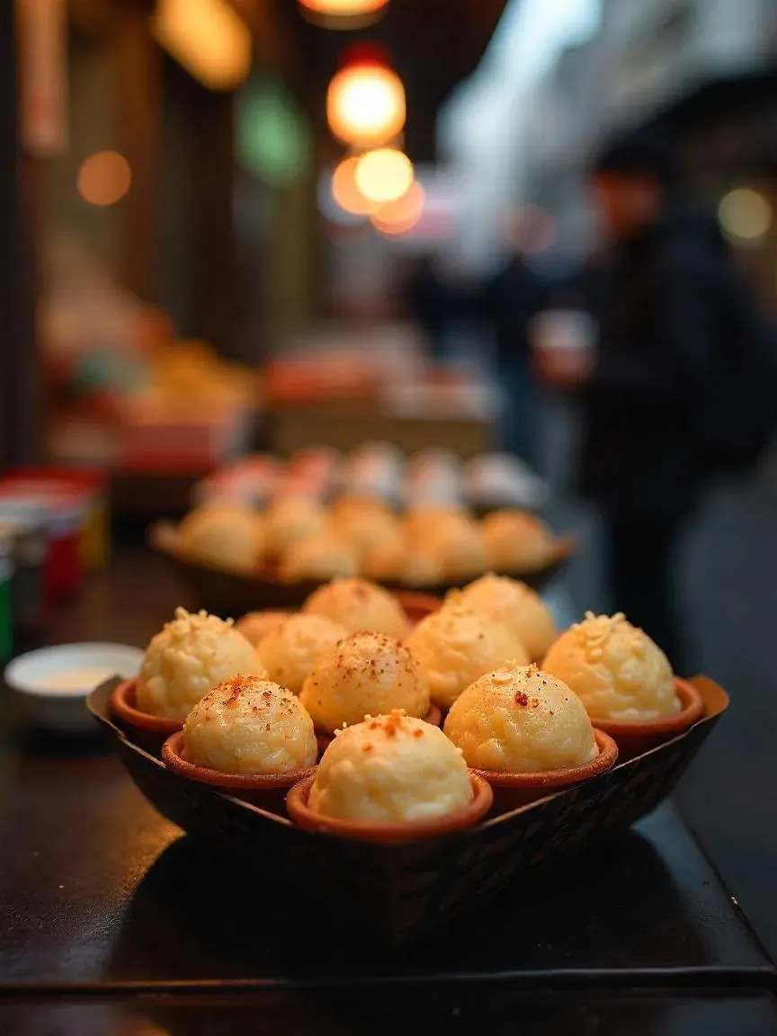 Detailed takoyaki cooking process including mixing batter, adding octopus and green onions, flipping balls in the pan, and serving with sauce and garnishes.