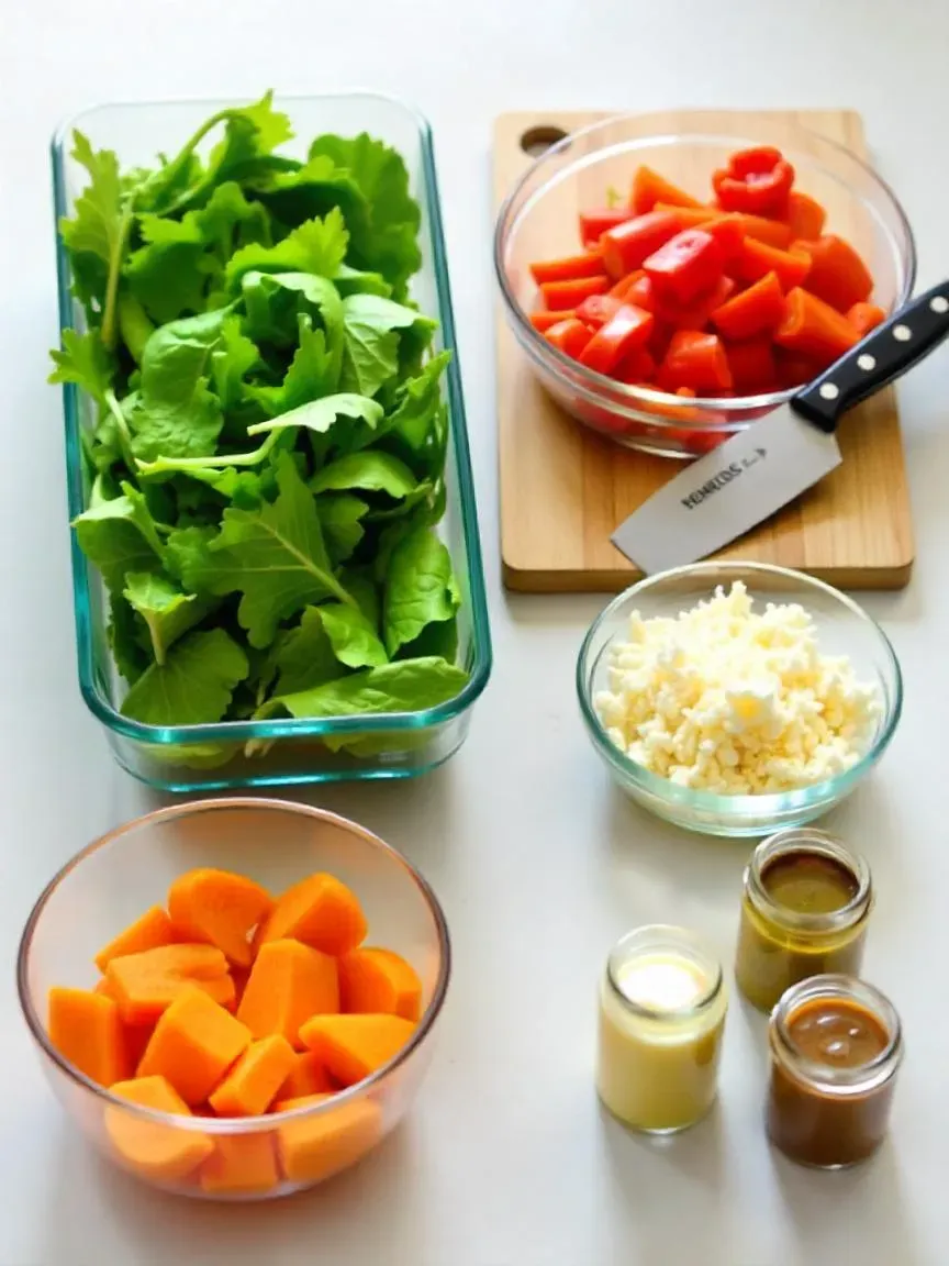 Salad prep station with pre-washed greens, chopped vegetables, grated cheese, sharp knife, and jars of homemade dressings on a kitchen counter.

