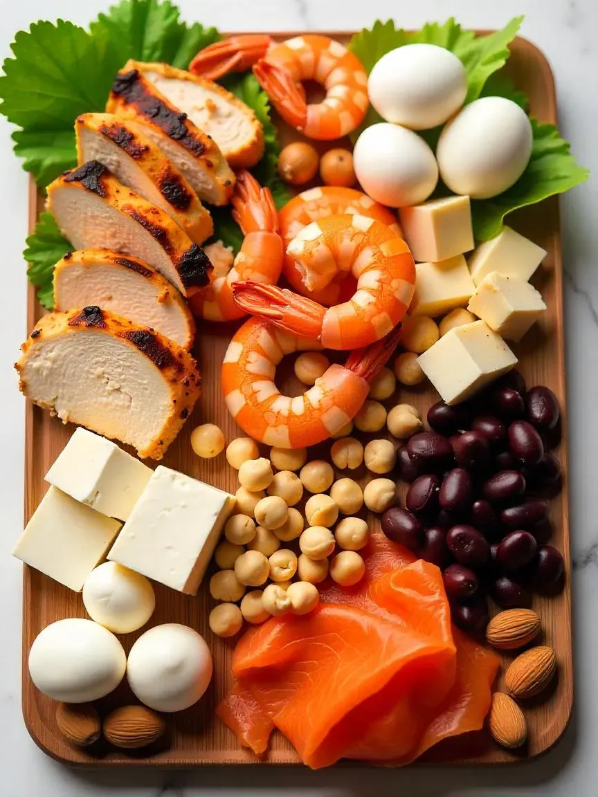 Protein options for summer salads: grilled chicken, shrimp, eggs, feta, mozzarella, chickpeas, beans, tofu, smoked salmon, and nuts on a wooden board.

