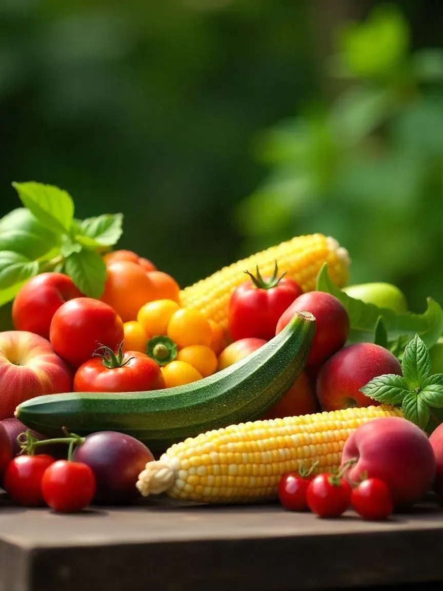 Summer seasonal produce including tomatoes, corn, zucchini, peaches, berries, and herbs arranged on a rustic outdoor table.

