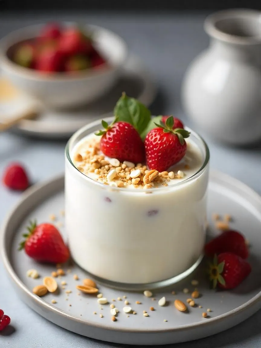 Traditional chilled buttermilk dessert Koldskål garnished with nuts and vibrant summer fruits.