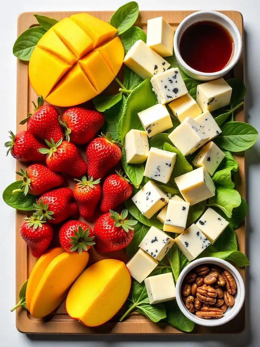 Sweet and savory salad ingredients: mango, strawberries, apples, cheeses, walnuts, pecans, honey, and balsamic glaze on a wooden board.

