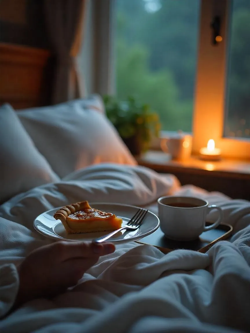 A person in bed enjoying a slice of caramel apple pie with a hot drink nearby on a rainy evening with soft lighting and a cozy blanket. 