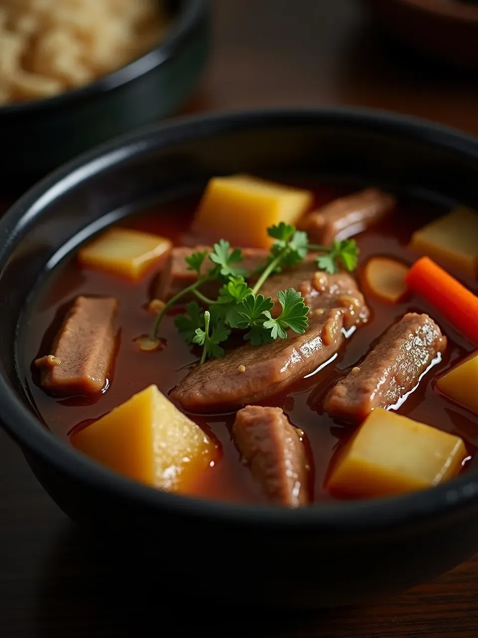 Close-up of a warm and hearty Nikujaga dish served in a ceramic bowl, showcasing the glossy, simmered vegetables and meat.