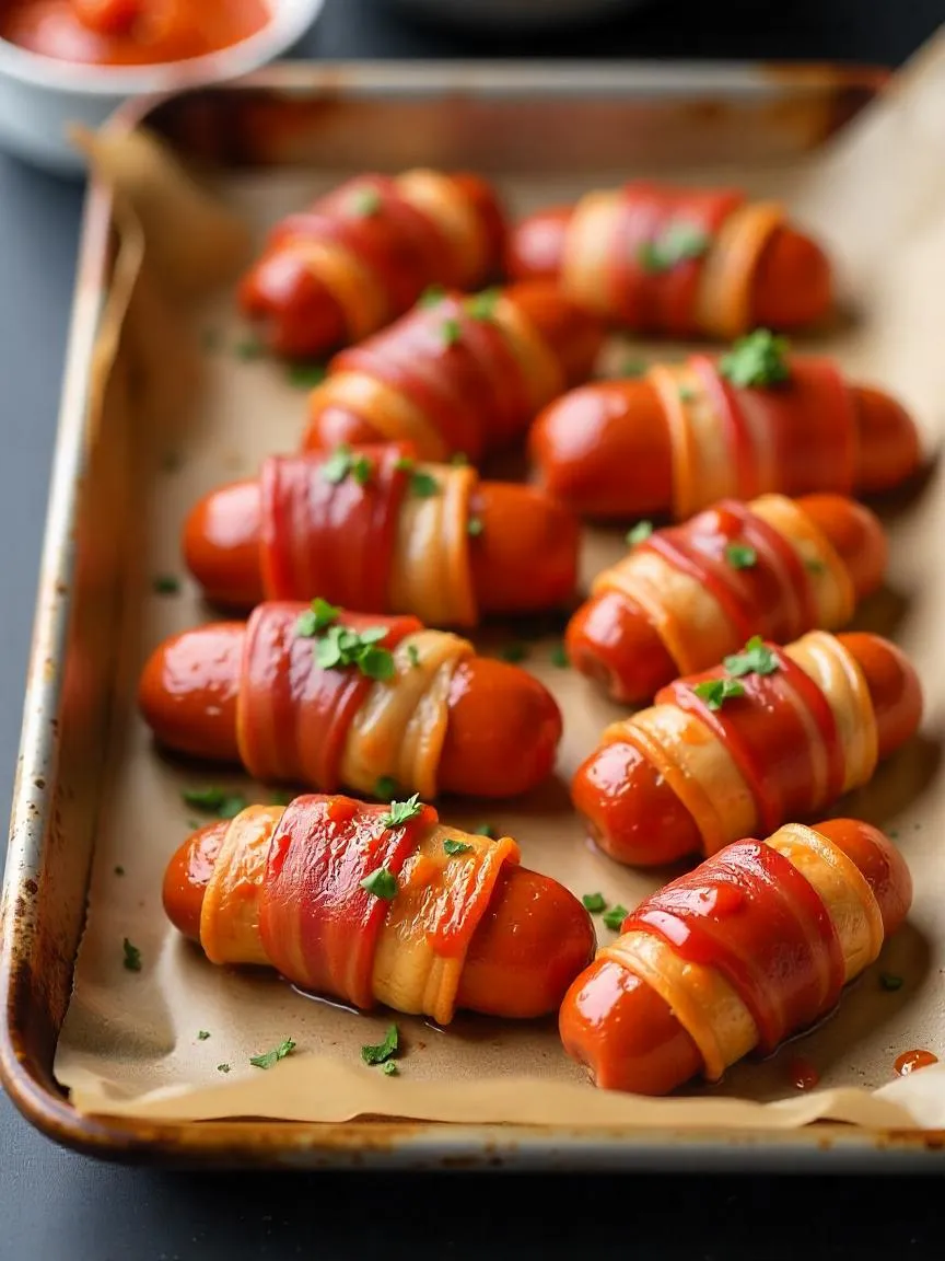 Sweet chili pigs in blankets glazed to a golden finish, served on a platter with dipping sauce and garnished with herbs.