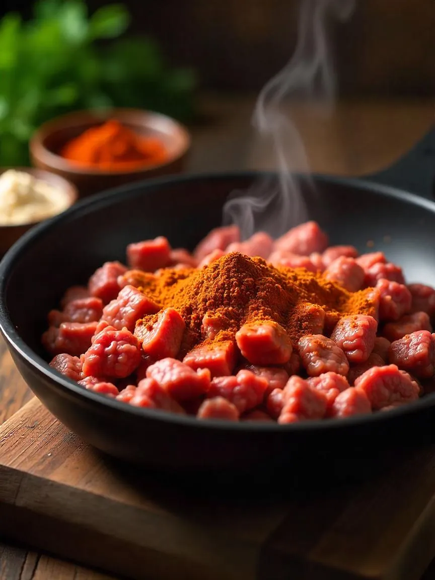 Ground beef cooking in a skillet with cumin and chili powder seasoning, surrounded by small spice bowls on a rustic kitchen counter.

