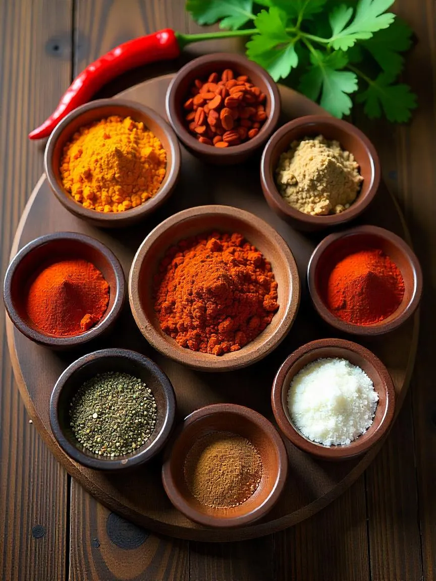 Taco spices and seasonings including cumin, chili powder, paprika, garlic powder, onion powder, and herbs on a rustic wooden table.

