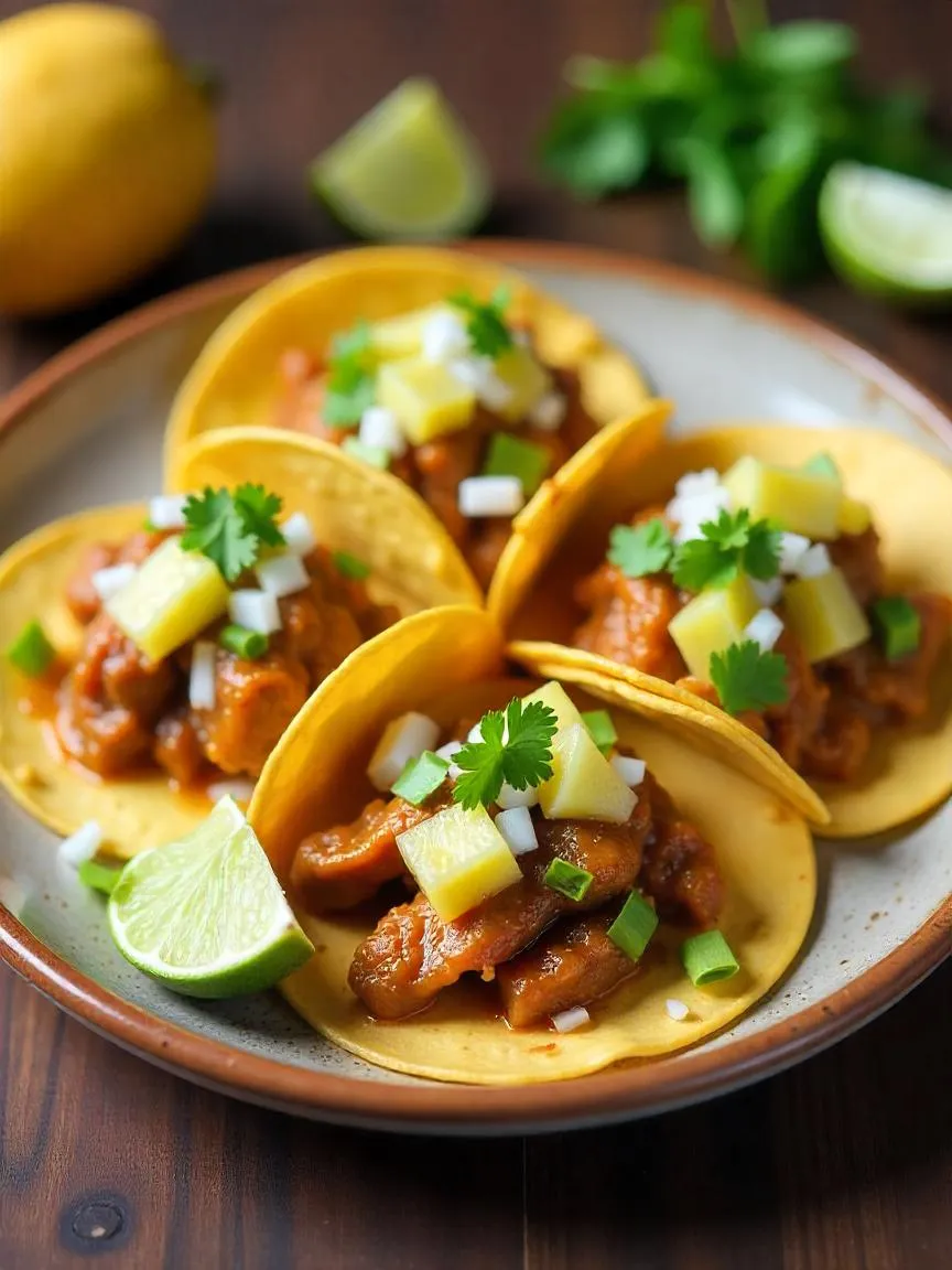 Street-style Tacos al Pastor with pork, pineapple, onions, and cilantro on corn tortillas.