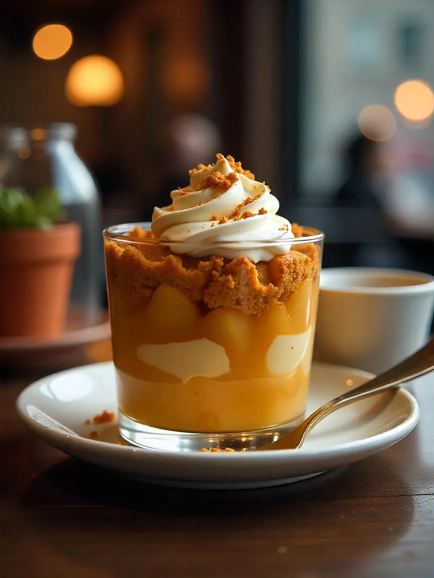 Glass filled with Danish apple dessert æblekage, showing layers of cooked apples, crunchy crumbs, and whipped cream.