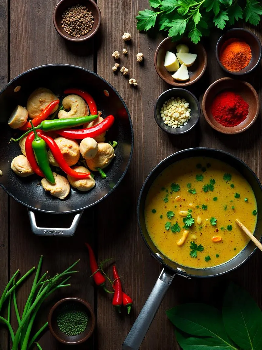 Thai stir-fry in a wok and green curry simmering in a pan, with herbs, spices, and fresh ingredients on a wooden table.

