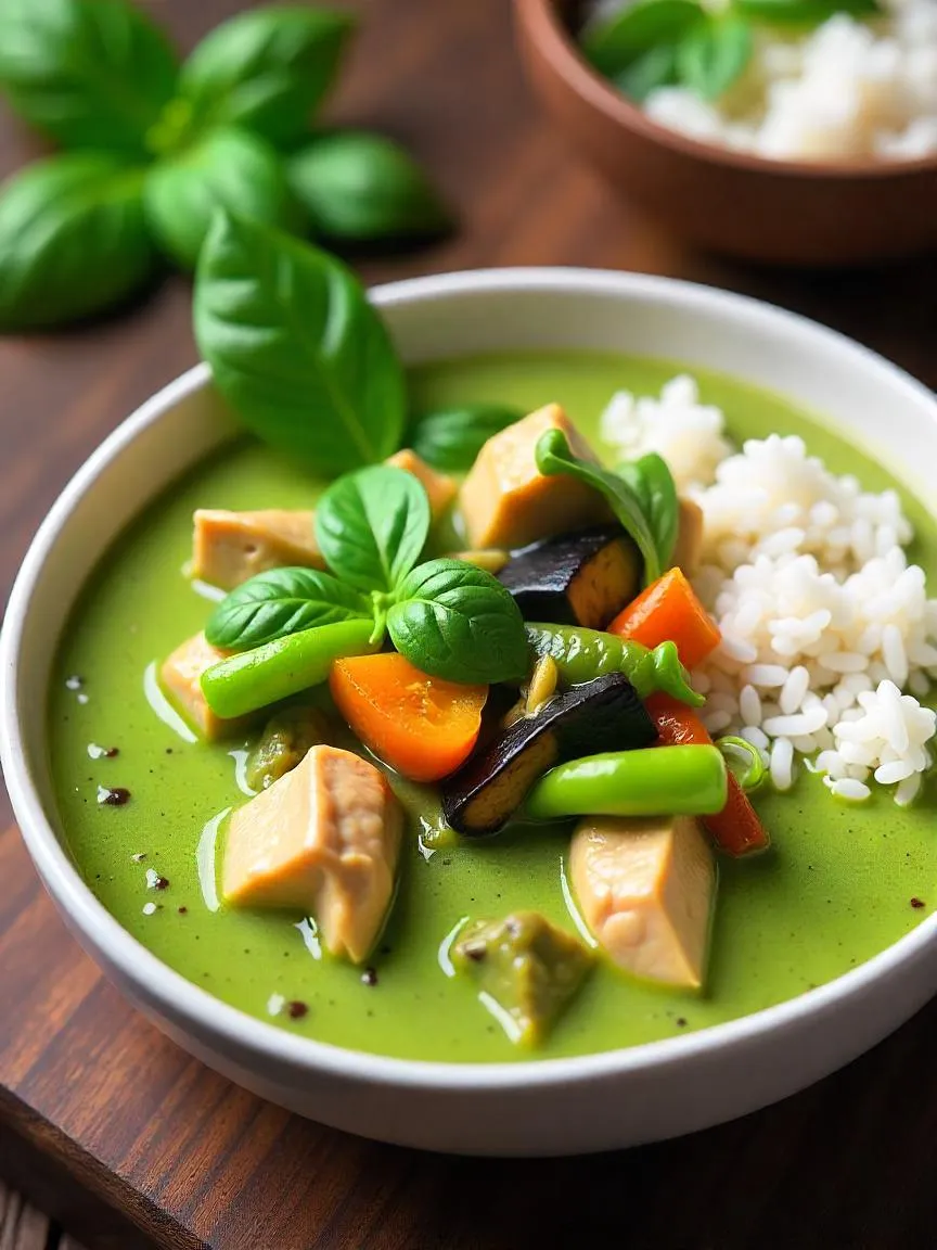 Bowl of Thai Green Curry with chicken, vegetables, Thai basil, and a side of jasmine rice on a rustic wooden table.

