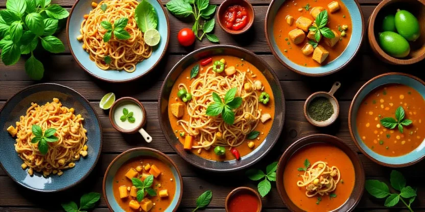 Vibrant Thai food spread with Pad Thai, Green Curry, Tom Yum Soup, Papaya Salad, Massaman Curry, and fresh herbs on a rustic wooden table.