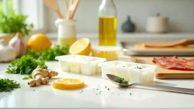Bright, organized kitchen with fresh ingredients and tools showing time-saving cooking hacks like herb oil cubes, prepped garlic, and baking trays.
