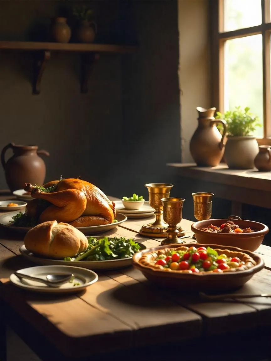 Photorealistic table showing medieval noble and peasant dishes together, highlighting the contrast and connection between historical recipes that shaped modern cuisine.