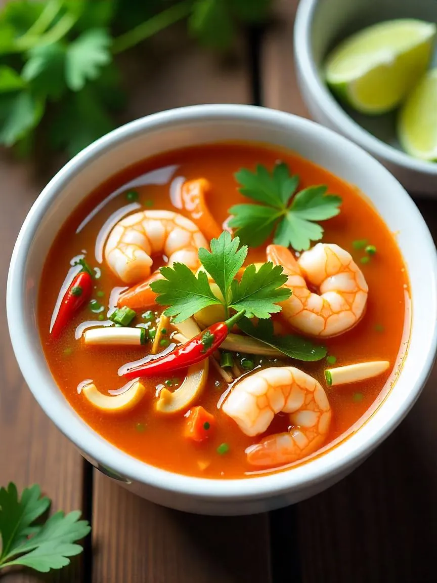 Bowl of Tom Yum Soup with shrimp, mushrooms, lemongrass, lime leaves, and cilantro on a rustic wooden table.

