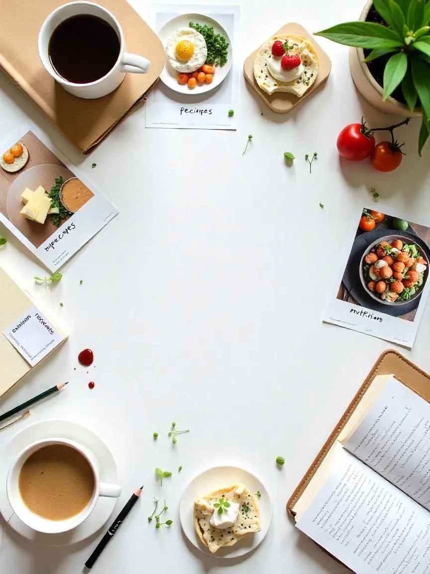 Overhead view of a cluttered food blog planning desk with too many topic ideas scattered across notebooks and food photos.