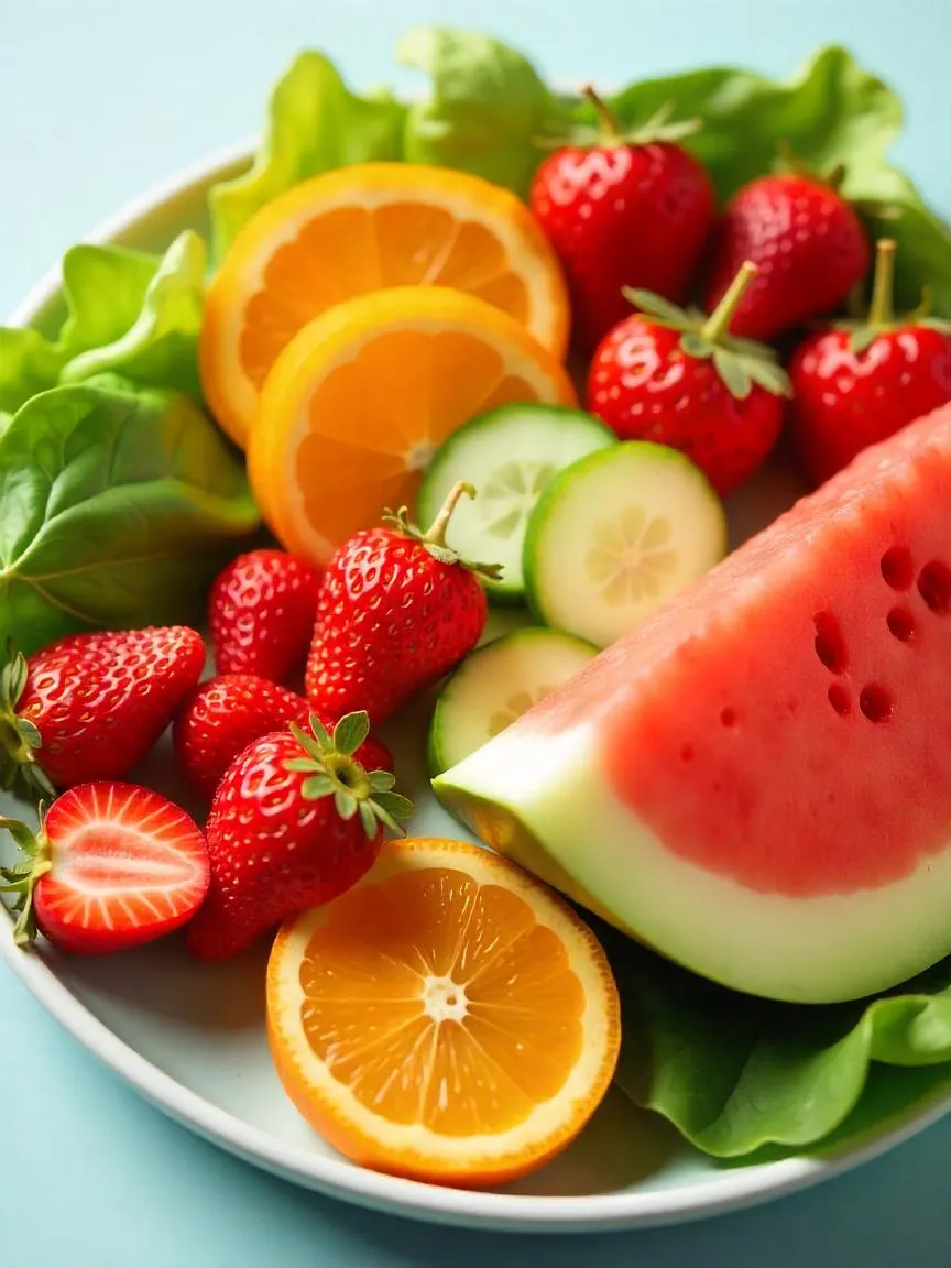 Top hydrating foods including watermelon, strawberries, oranges, cucumbers, and leafy greens displayed on a light background to highlight freshness and moisture. 