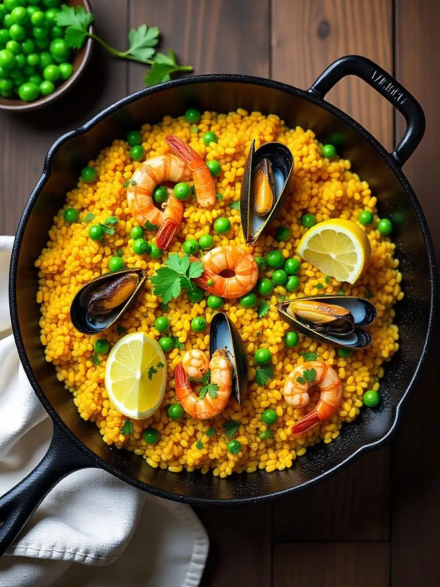 Overhead view of traditional seafood paella with shrimp, mussels, clams, saffron rice, and lemon wedges in a black paella pan.

