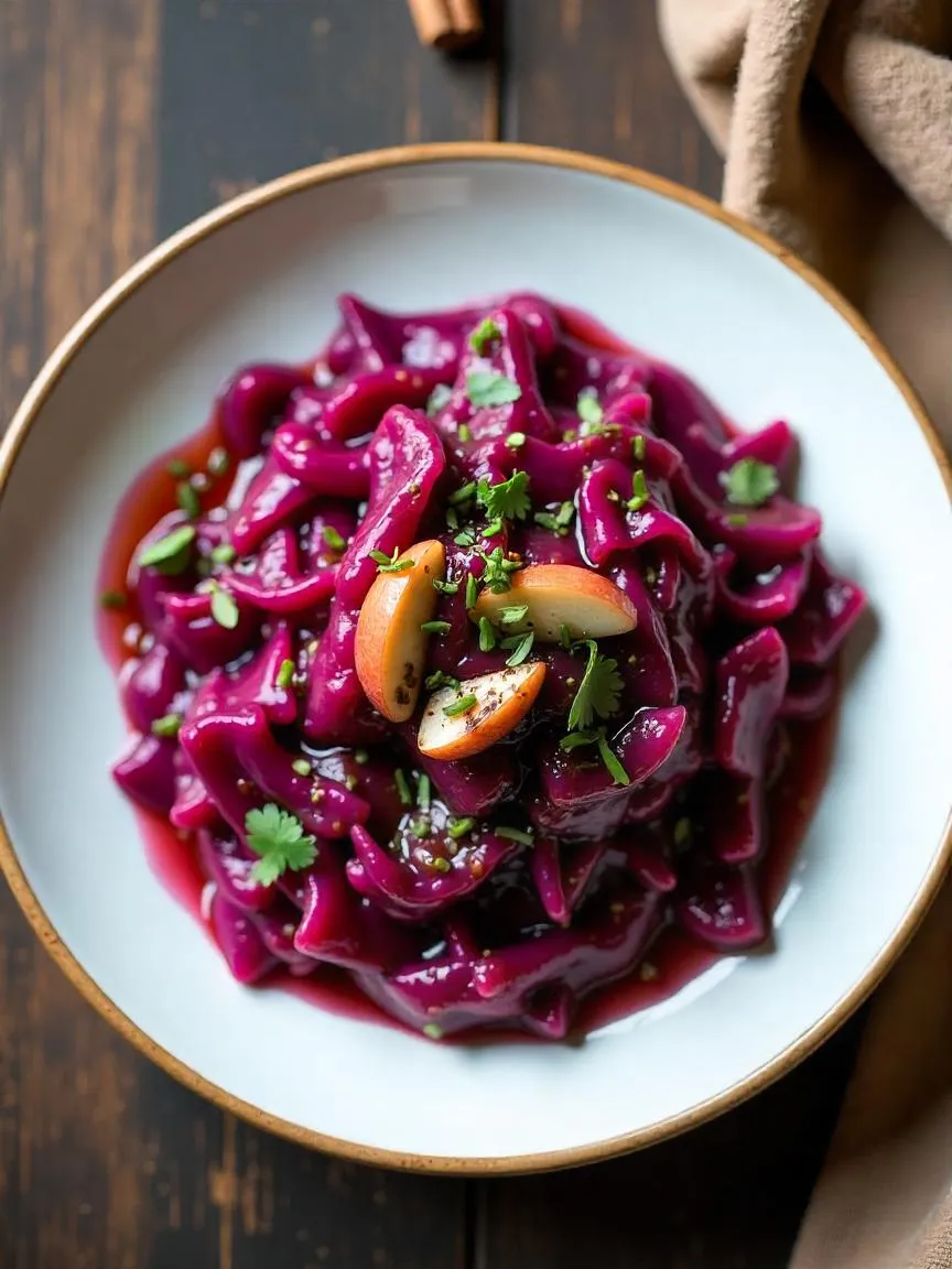Classic Danish sweet and sour red cabbage side dish, slow-cooked and richly colored, perfect for holiday meals.