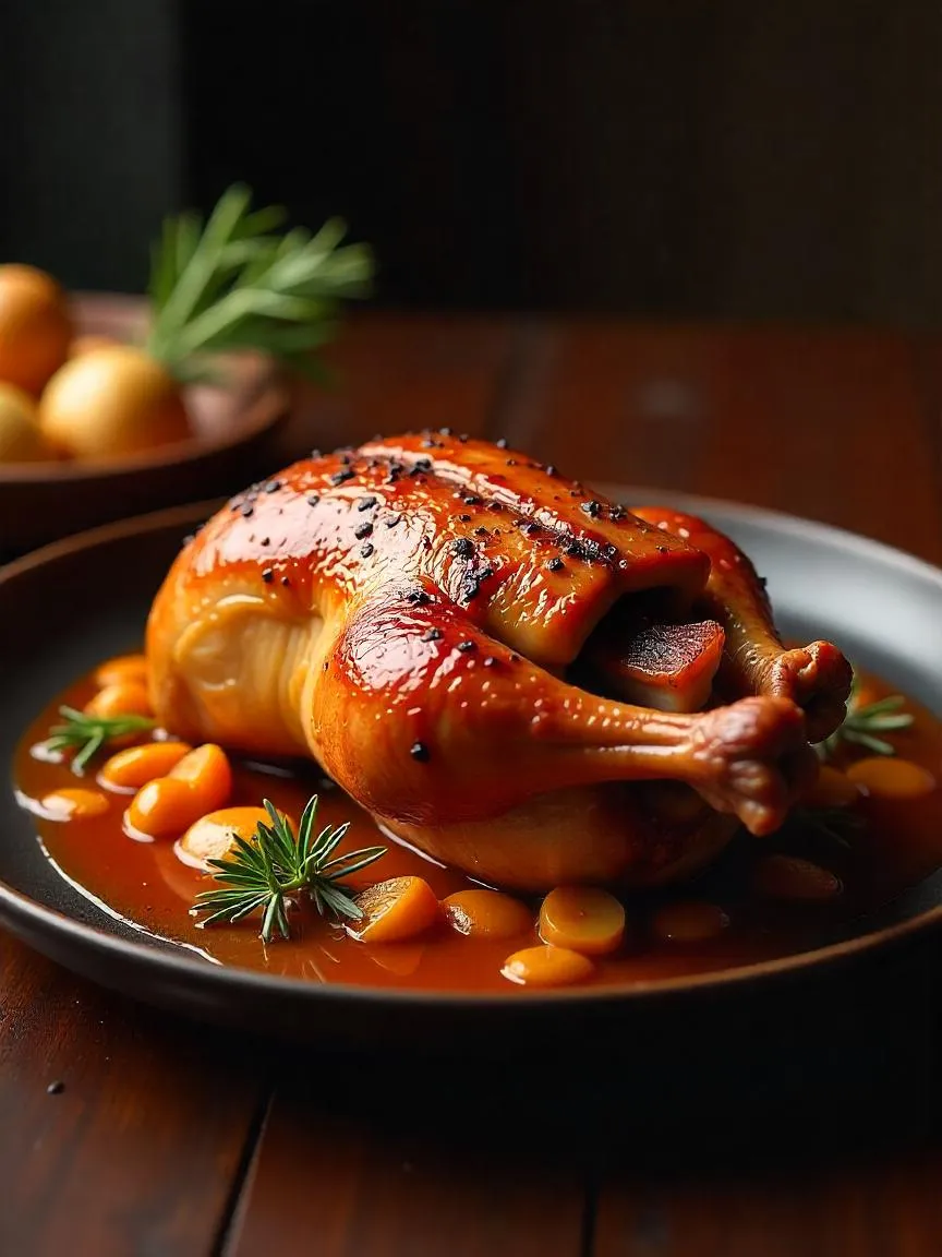 Juleand recipe card showing ingredients and cooking steps for a festive holiday roast duck.