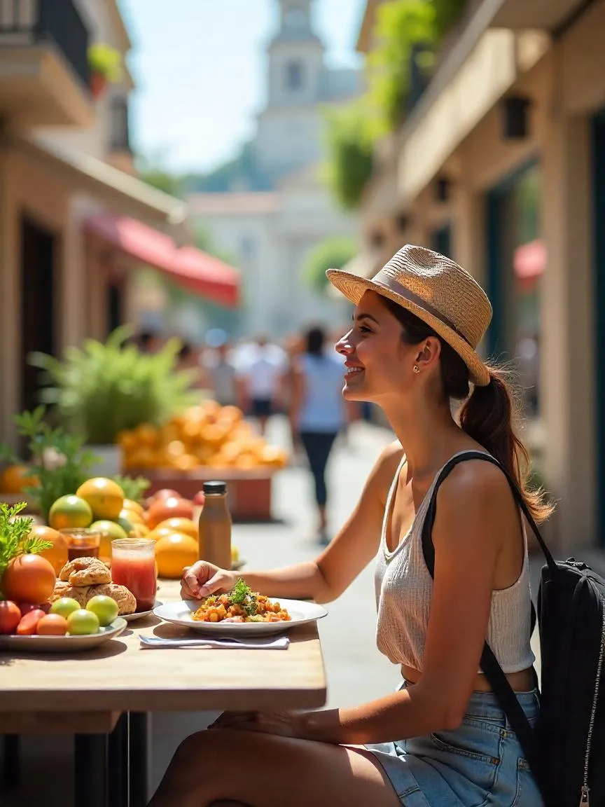 Traveler enjoying local food at outdoor café with fresh dishes, fruit, water bottle, and travel bag.

