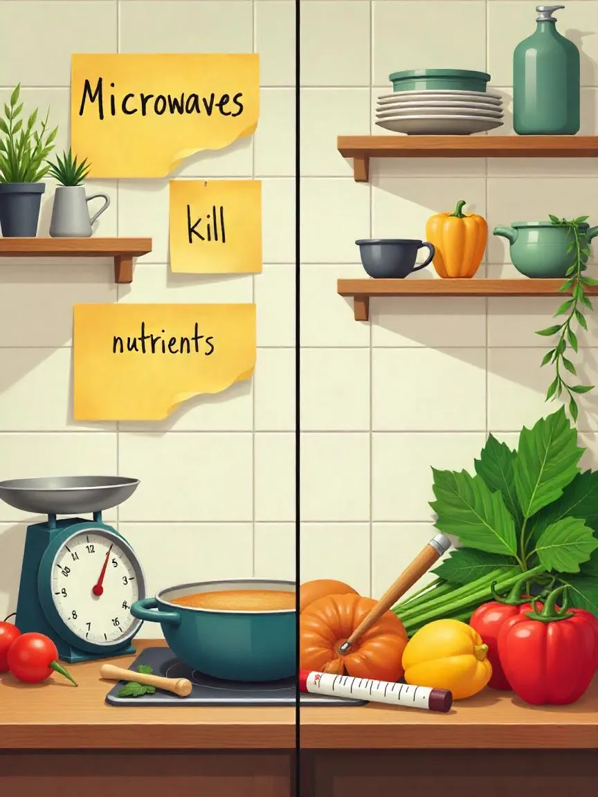 Split image of outdated cooking myths vs. modern cooking tools and science, highlighting the shift from kitchen folklore to evidence-based culinary practices.