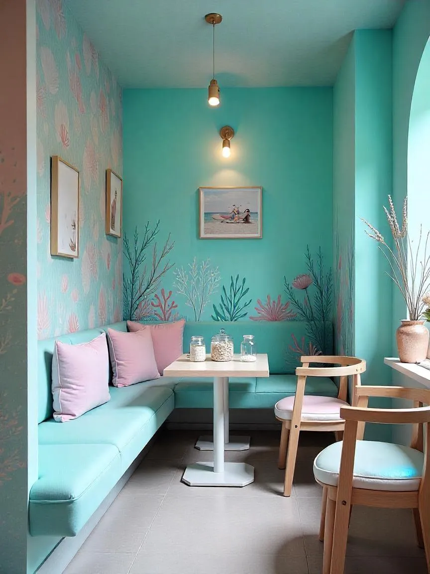 Underwater-themed café with soft blue and lavender colors, mermaid murals, sea-inspired décor, and gentle lighting that creates a calm ocean feel