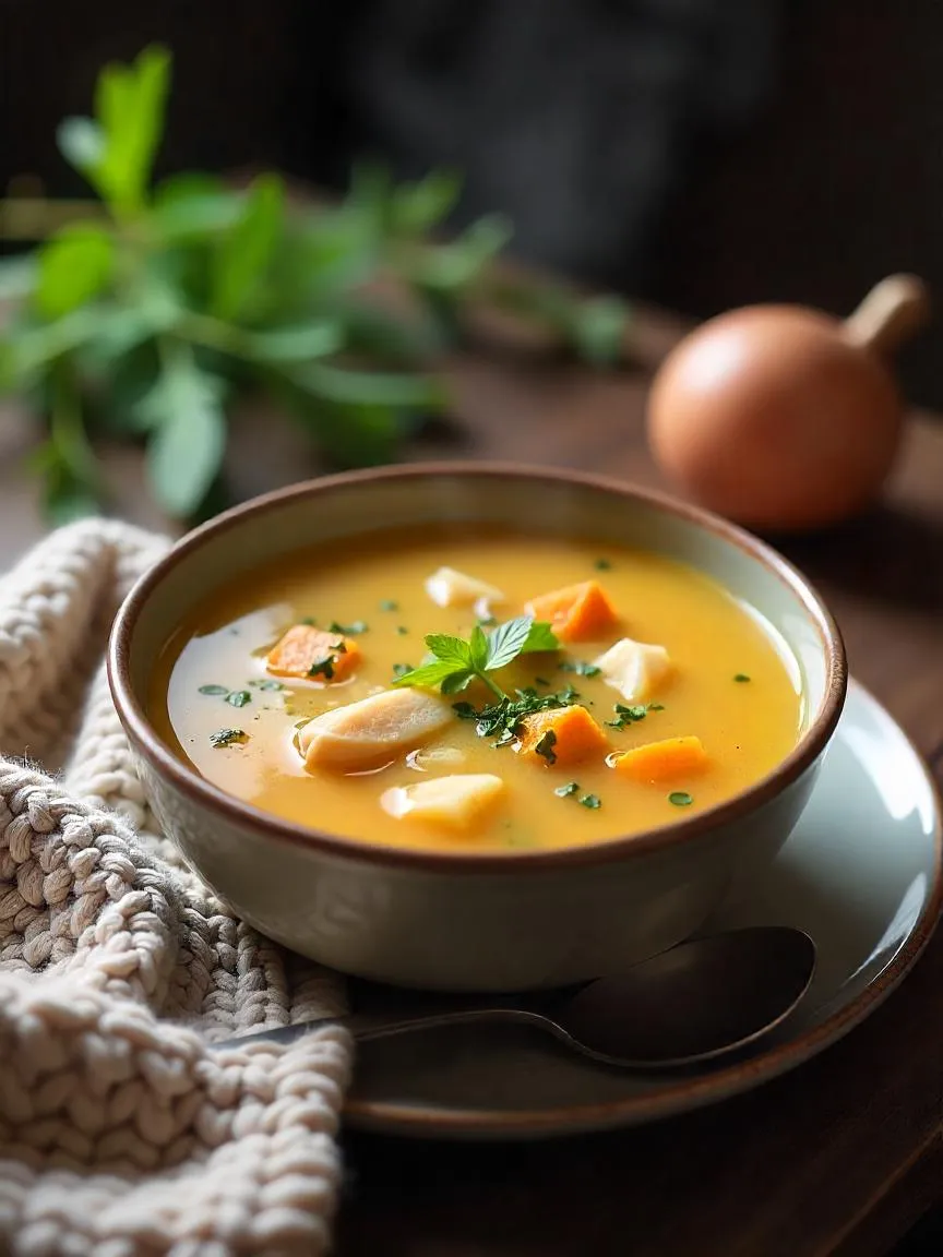 A warm bowl of chicken soup with herbs on a wooden table, surrounded by cozy textures and soft light, offering comfort and emotional warmth.