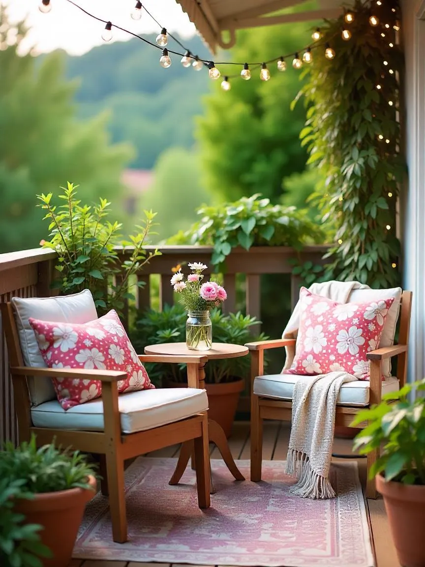 A peaceful balcony with colorful pillows, string lights, flowers in a jar, and cozy throws — styled to feel like a vacation retreat at home.