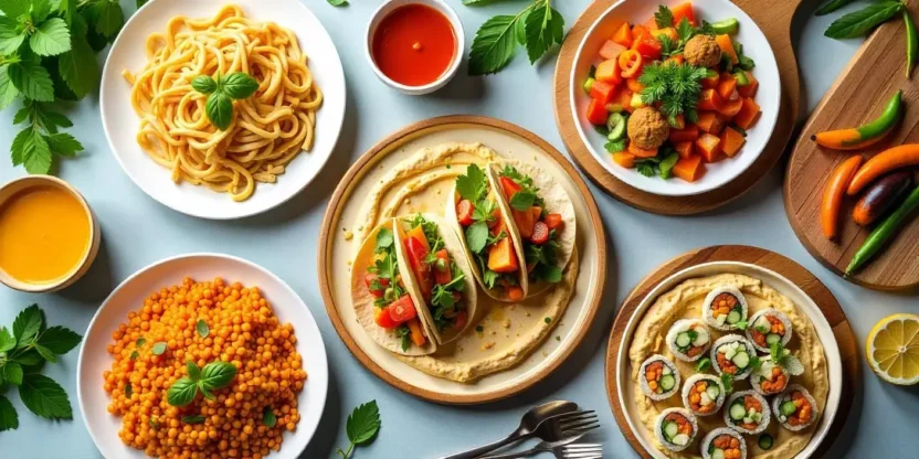 A colorful assortment of vegan dishes on a rustic wooden table, including pasta, tacos, hummus, sushi, and salad, surrounded by fresh herbs and vibrant produce.