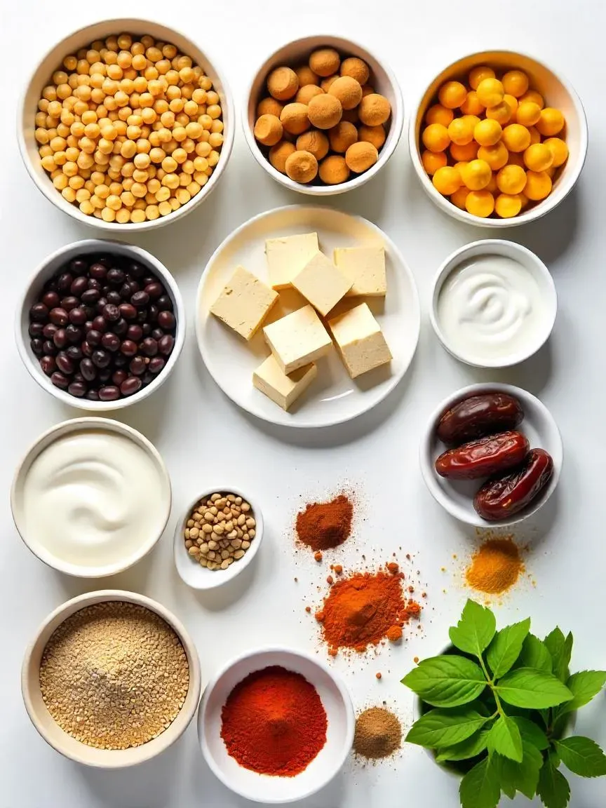 A flat lay of essential vegan ingredients including legumes, tofu, nuts, plant-based milks, sweeteners, and colorful spices.

