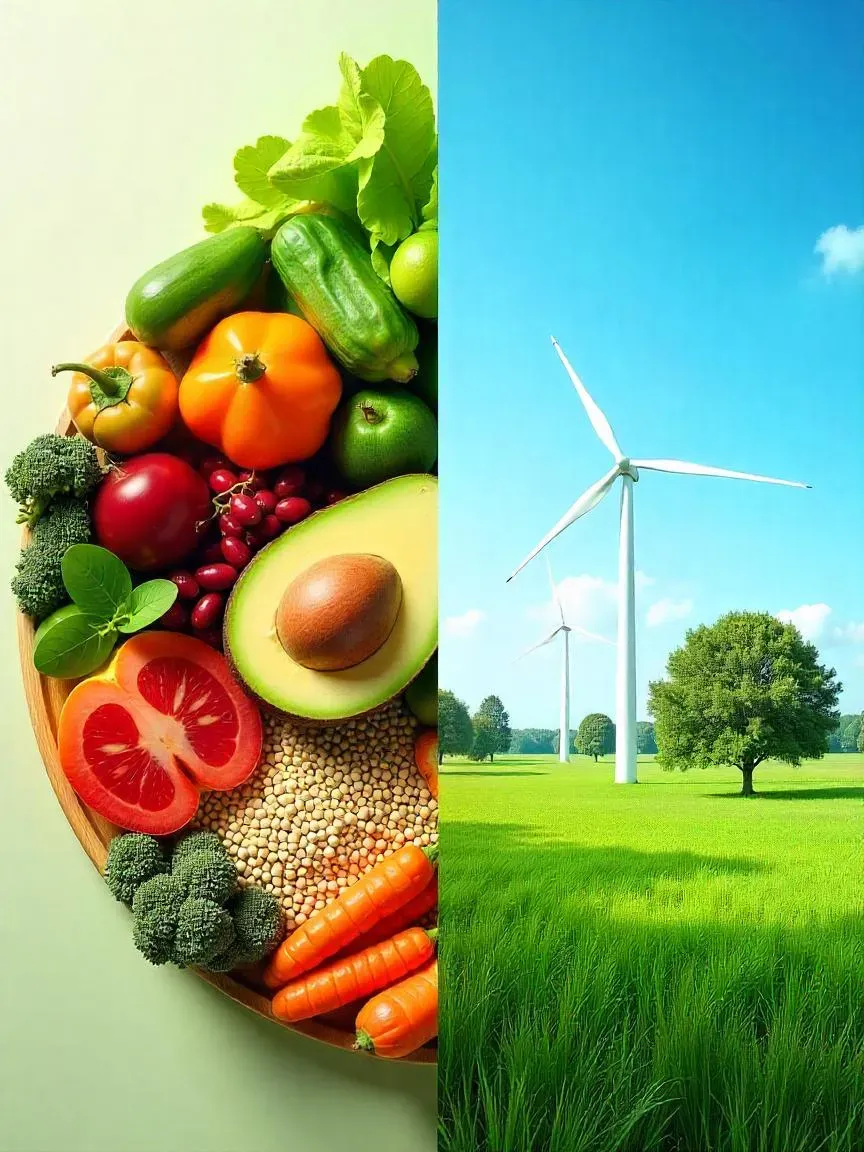 A split image showing fresh plant-based foods on one side and a sustainable landscape with trees and wind turbines on the other.

