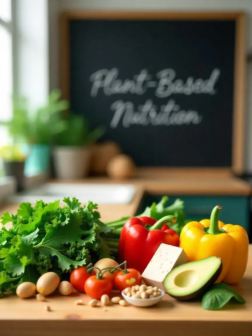A modern kitchen counter filled with fresh vegetables, tofu, tempeh, legumes, and nuts, representing the rise of plant-based nutrition.