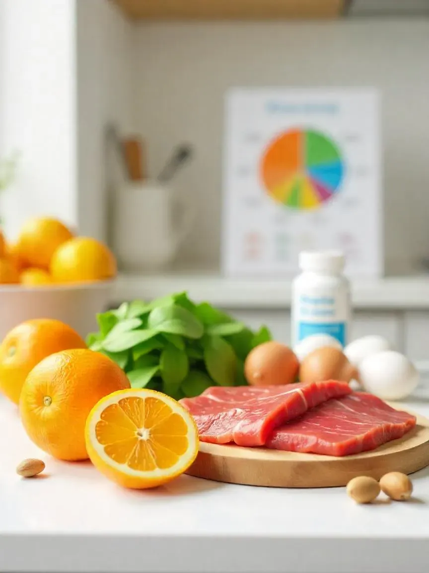 Foods rich in vitamins and minerals for recovery: citrus, leafy greens, red meat, eggs, beans, and nuts.

