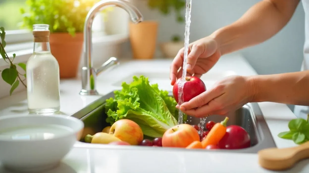 Person rinsing fresh fruits and vegetables in a sink with water, vinegar, and a cleaning brush nearby in a bright kitchen.