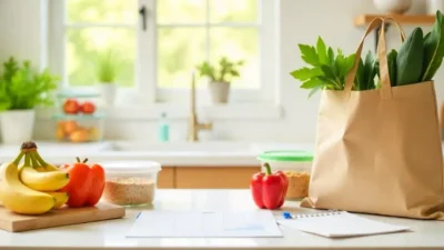 An organized kitchen countertop with fresh produce, meal prep containers, and a weekly meal planner, showcasing healthy meal planning essentials.