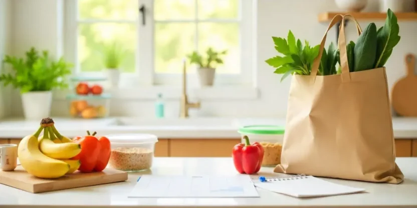 An organized kitchen countertop with fresh produce, meal prep containers, and a weekly meal planner, showcasing healthy meal planning essentials.