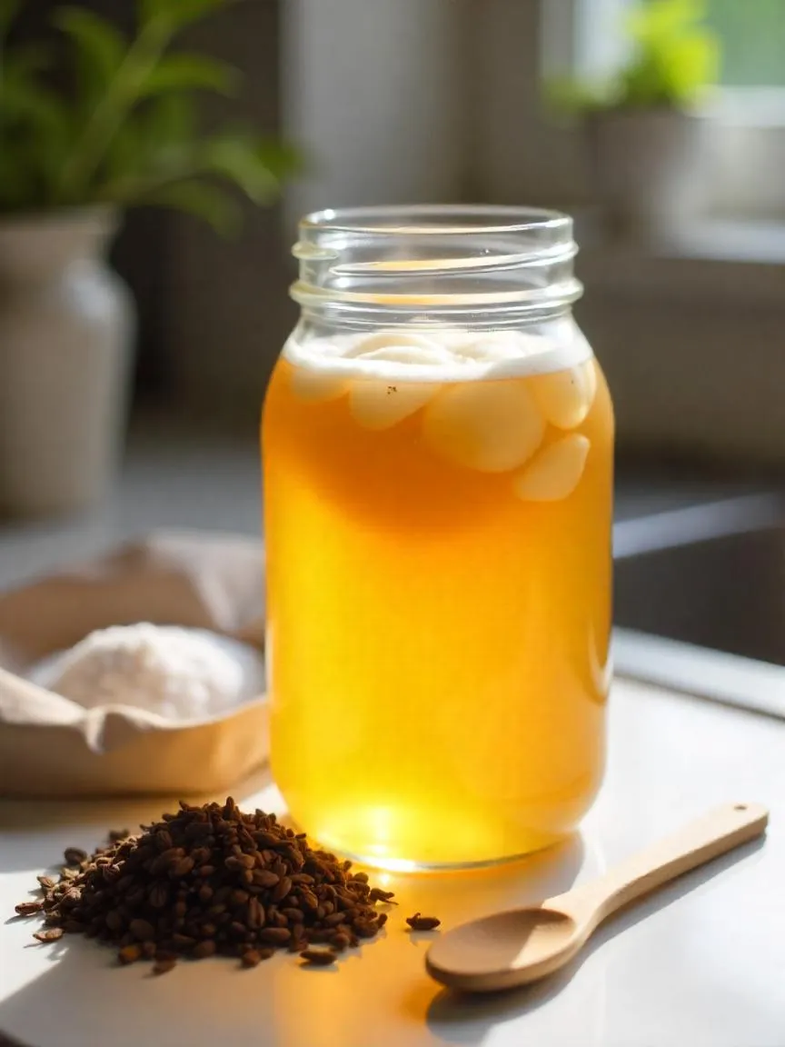A jar of kombucha with a floating SCOBY, next to tea leaves and sugar on a kitchen counter.