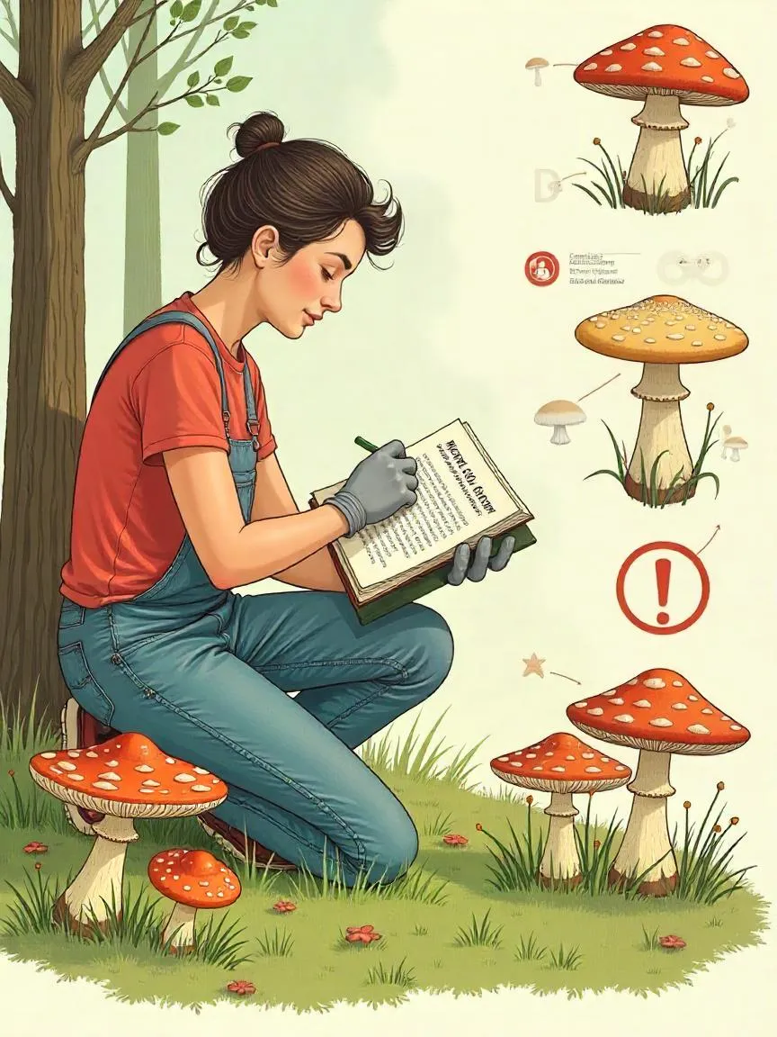 Illustration of a person safely identifying wild mushrooms using a field guide in the forest.