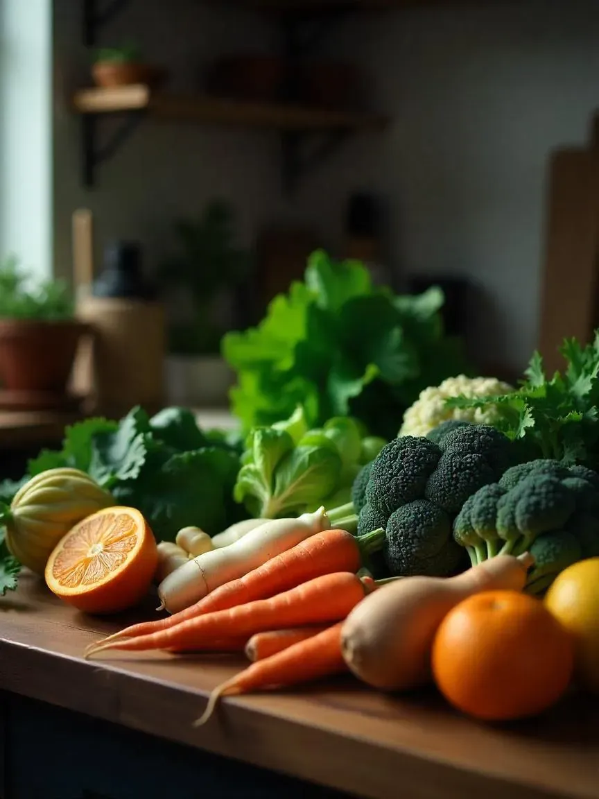 Winter seasonal produce with leafy greens, cruciferous vegetables, root vegetables, and citrus fruits on a wooden counter.

